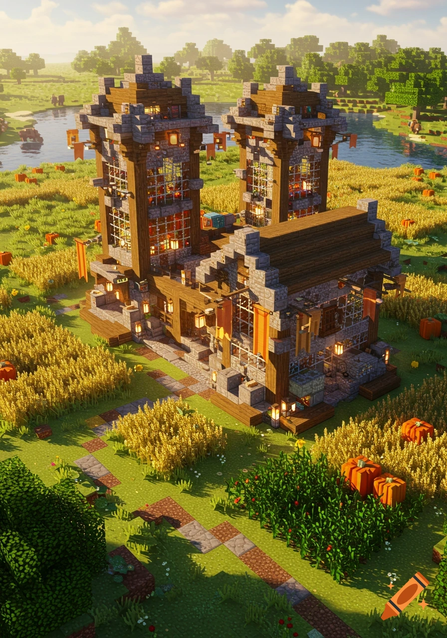 Detailed Minecraft-style building with twin towers in a golden wheat field by a river under a sunny sky.