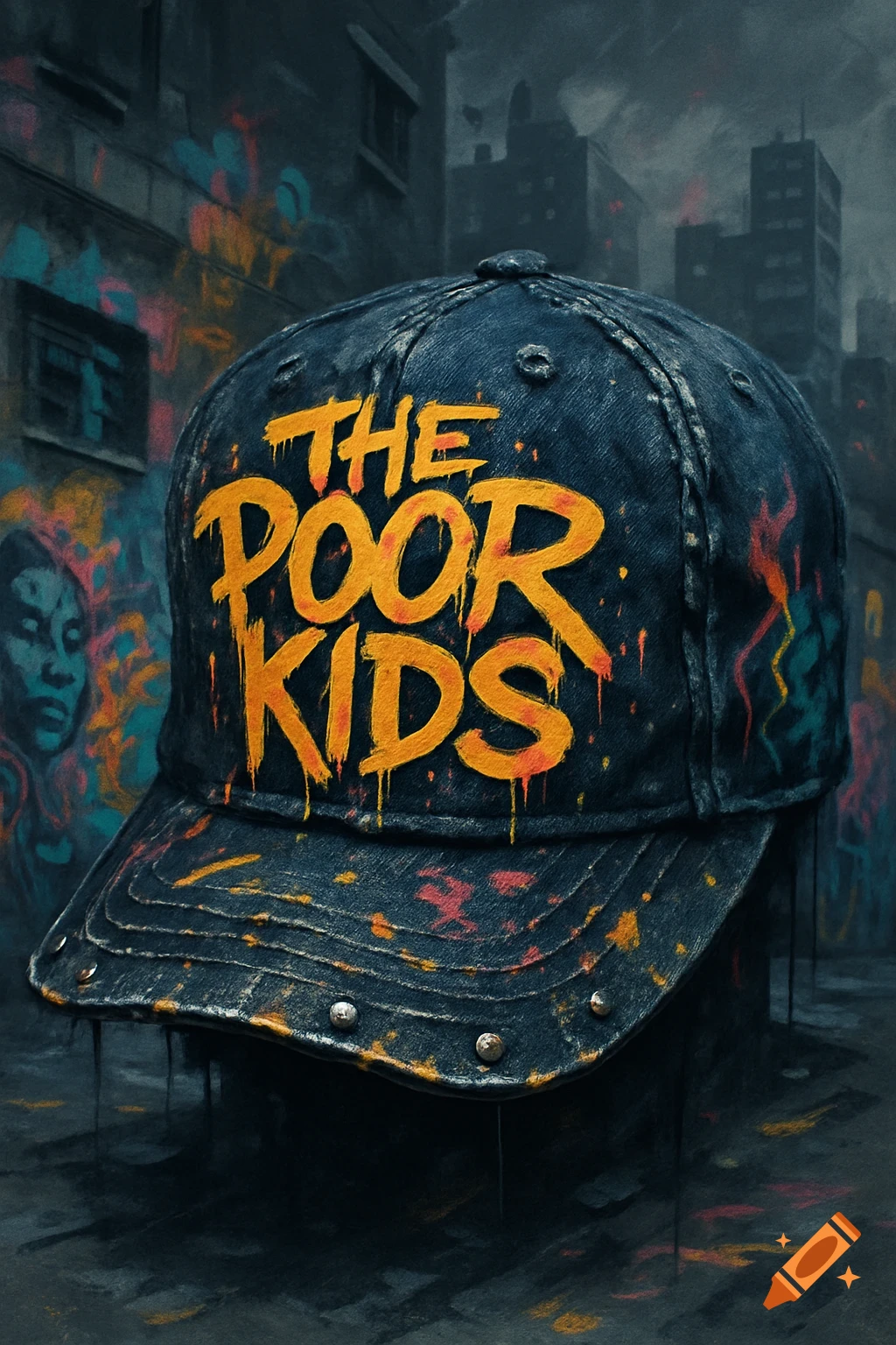 A dark denim baseball cap with orange, dripping 'THE POOR KIDS' text and paint splatters, against a graffiti-covered urban background.