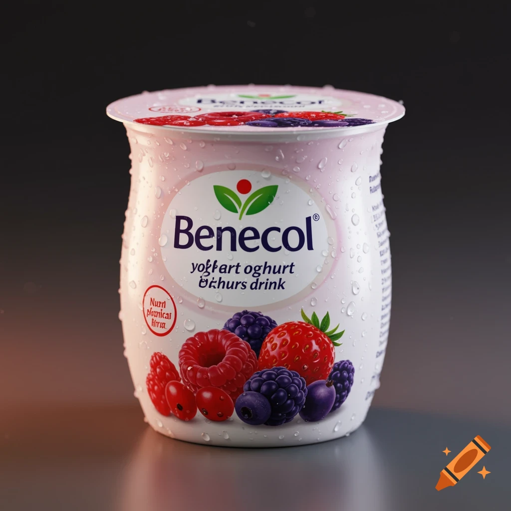 A close-up, photorealistic shot of a Benecol yogurt drink container, covered in water droplets, with mixed berries depicted on its label.