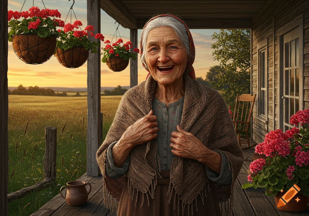 A smiling elderly woman with white hair and a red scarf stands on a wooden porch with hanging red geraniums, overlooking a golden field at sunset.