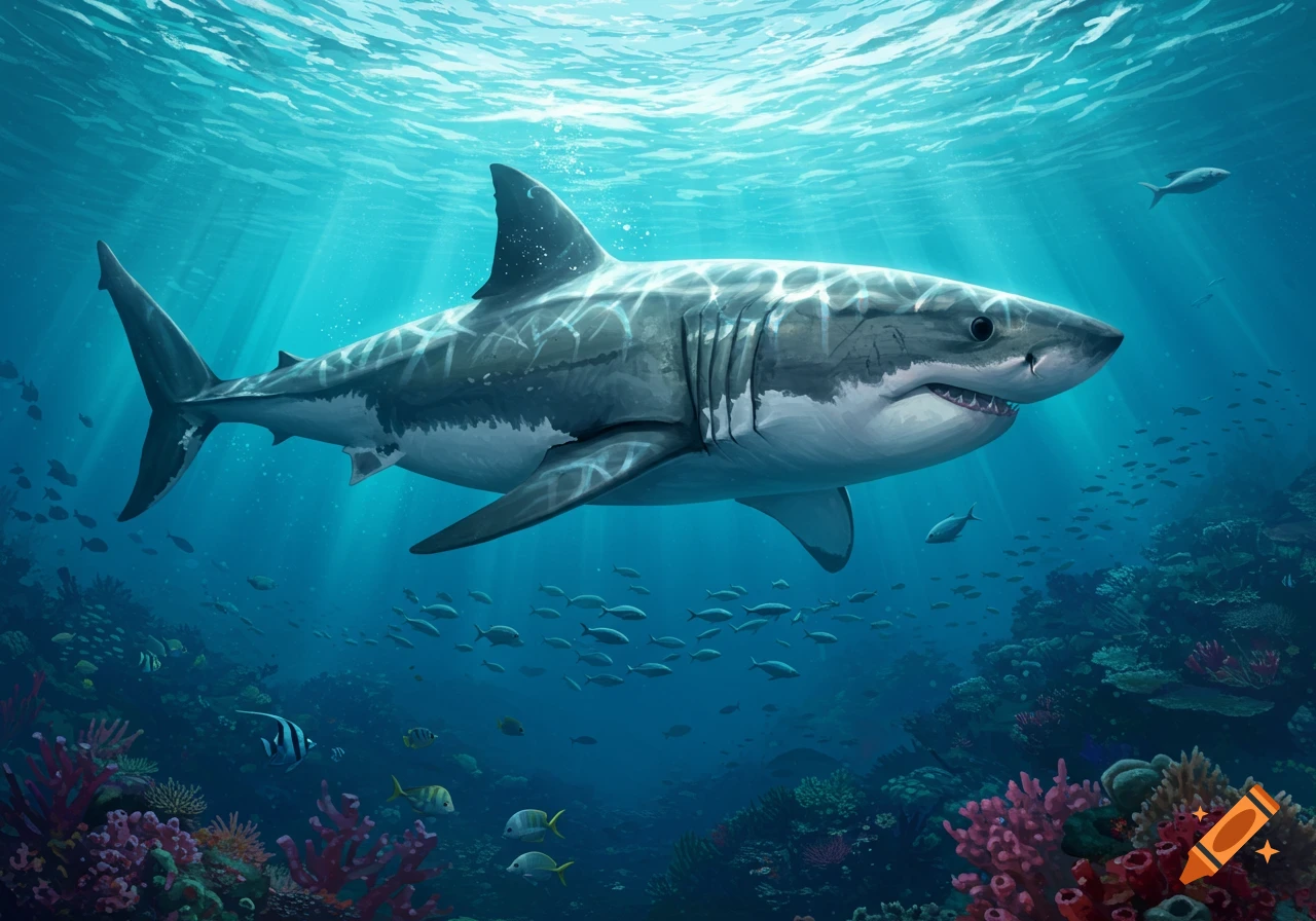 A large great white shark swims through clear blue ocean water above a vibrant coral reef, with schools of fish.