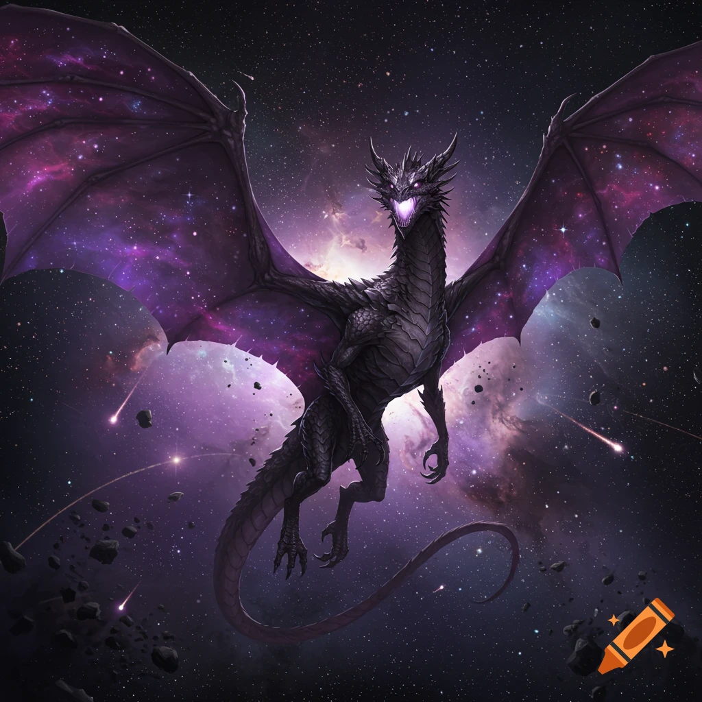 A powerful black dragon with glowing purple eyes and wings like a galaxy floats majestically in deep space among stars and asteroids.
