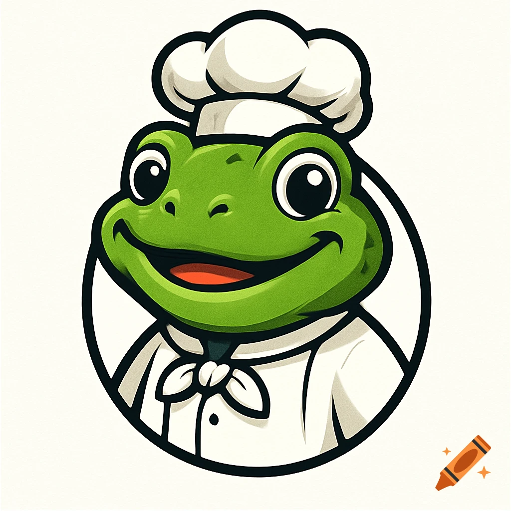 A cartoon logo of a happy, friendly green frog wearing a chef's hat and uniform on a white background.