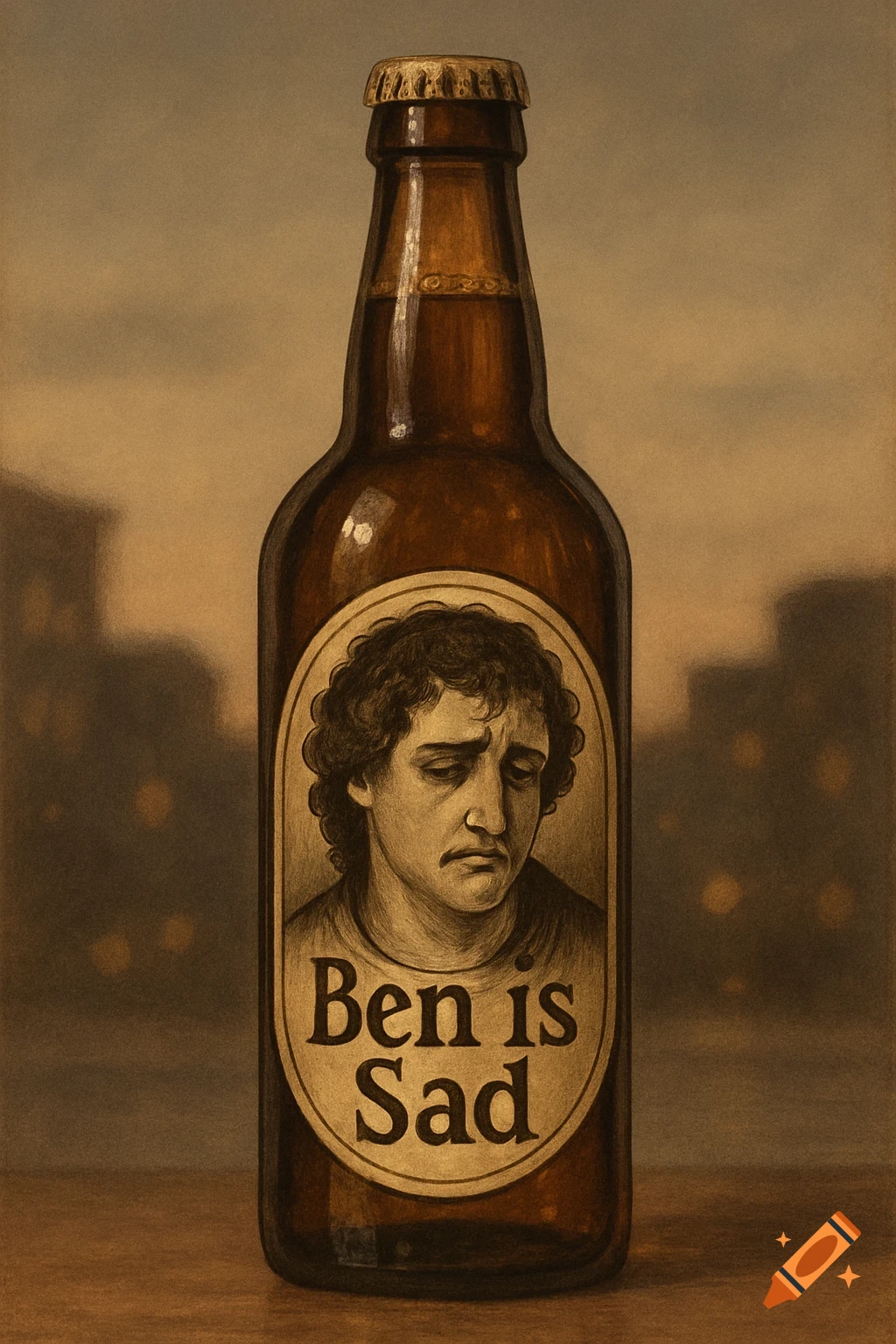 A still life illustration of a brown beer bottle with a label depicting a sad, curly-headed man and the text 'Ben is Sad'.