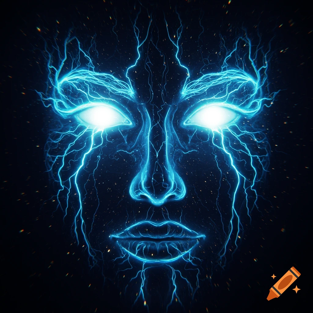 A face formed by bright blue electric lightning with glowing eyes against a dark, starry background.