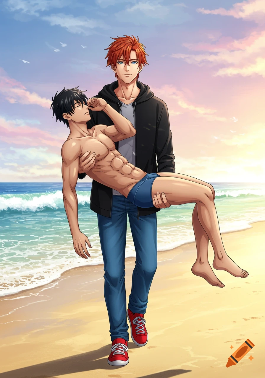 A red-haired anime man in a black hoodie carries a shirtless, black-haired man in blue briefs along a sunny beach.