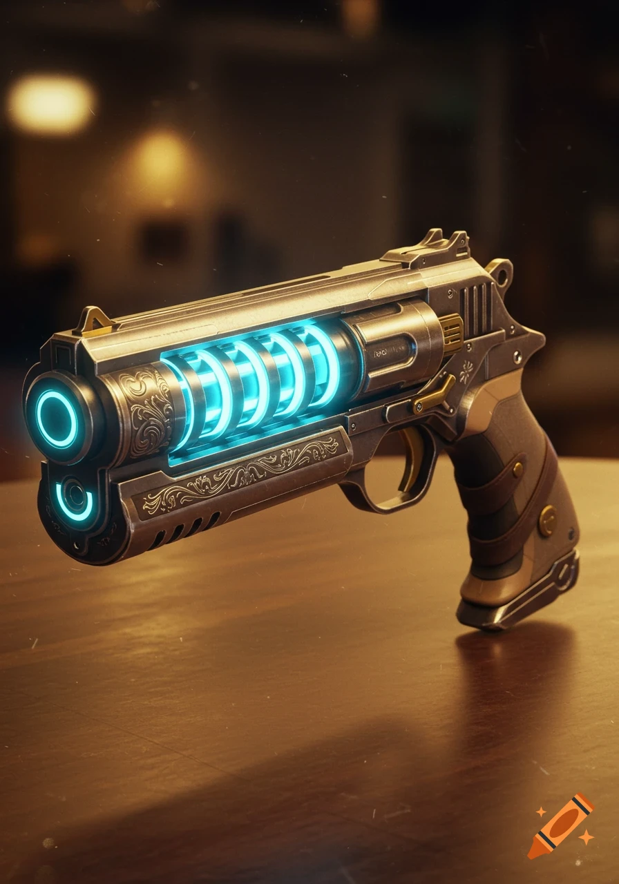 A detailed, photorealistic image of an ornate, futuristic handgun with glowing blue energy components, resting on a wooden table.