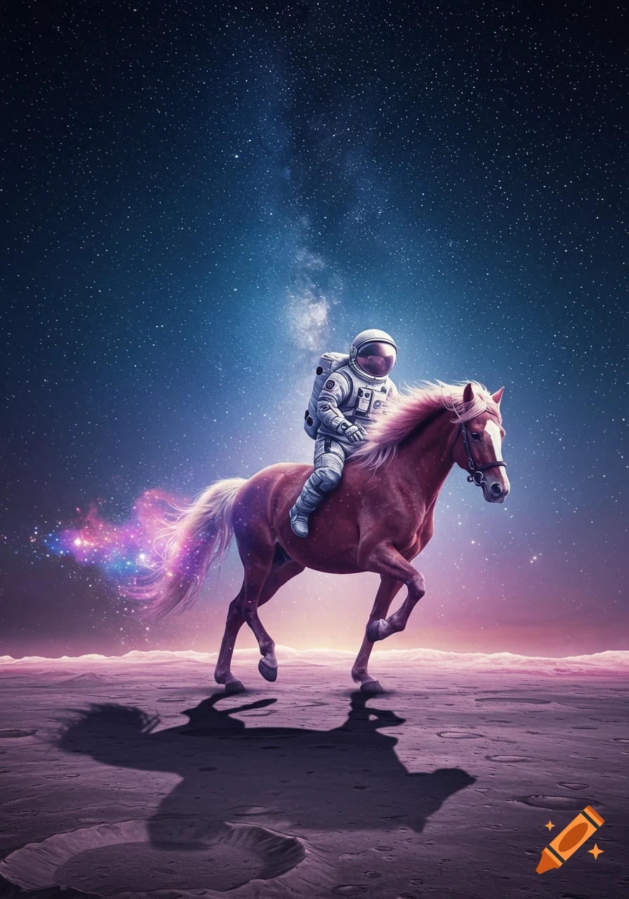 An astronaut rides a horse across a cratered, dusty planet under a starry, purple and blue sky with a colorful nebula.