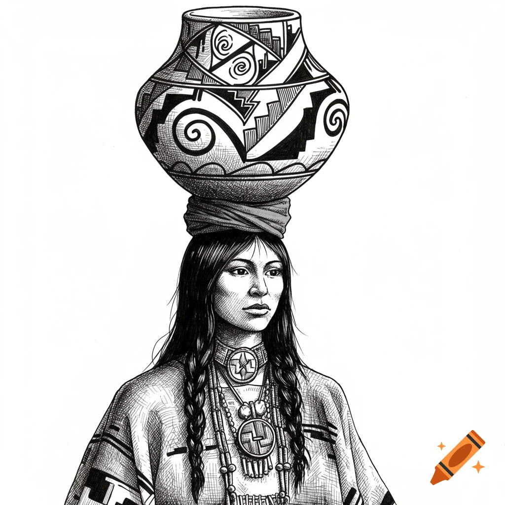 Black and white ink drawing of a Native American woman balancing a decorated pot on her head.