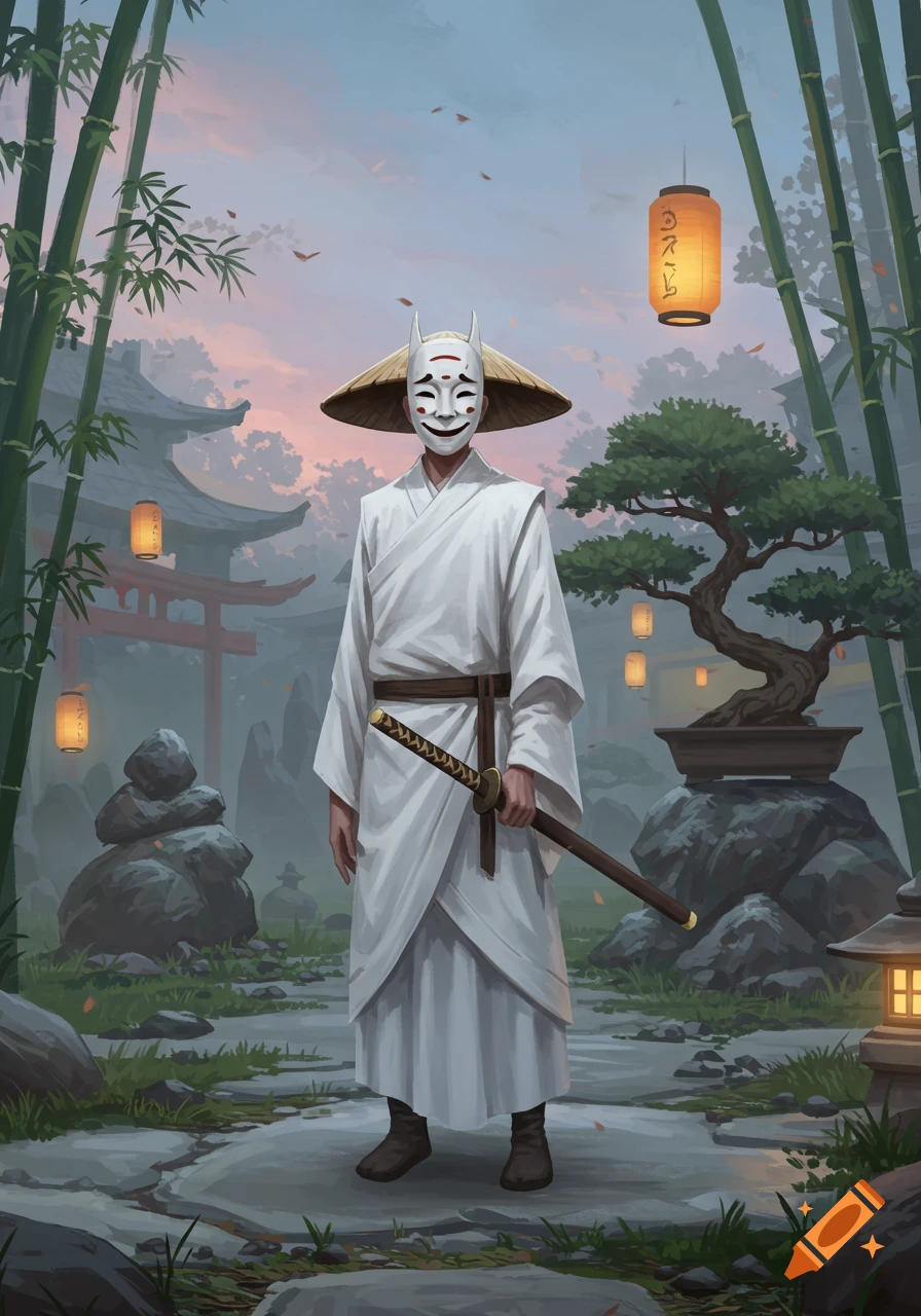 A masked figure in white robes and a straw hat holds a katana in a Japanese garden with bamboo, bonsai trees, and lanterns.