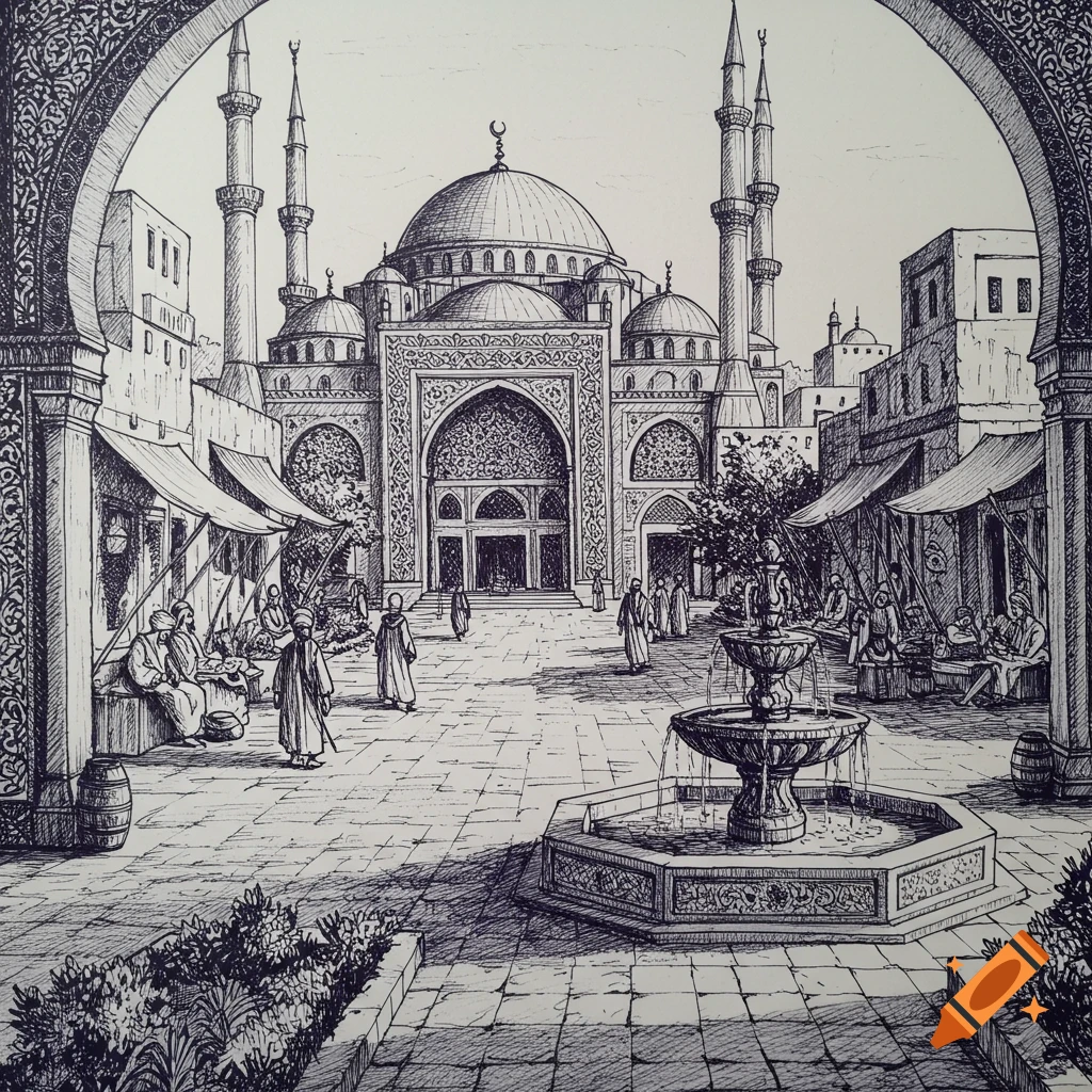 Pen sketch of a grand mosque with minarets towering over a bustling medieval market square with a fountain and people.