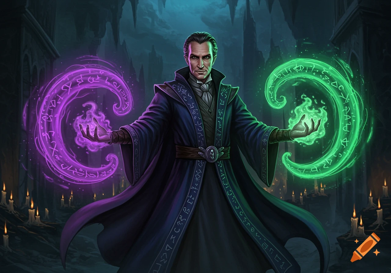 A stern male warlock in a dark coat casts purple and green magic with glowing runes in a candle-lit hall.