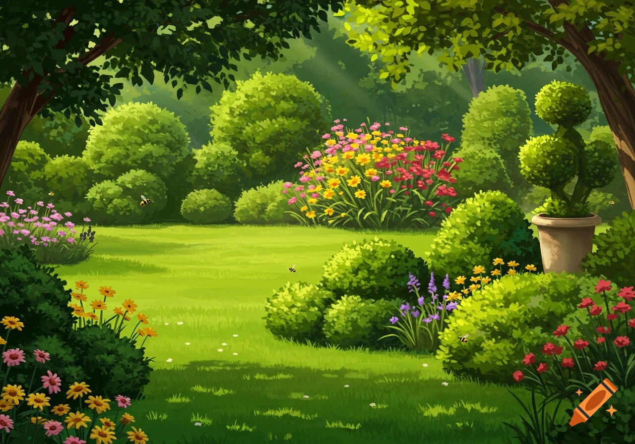 A vibrant, lush green garden with various shrubs, lawns, tall trees, and colorful flowers in bloom, in a painterly style.