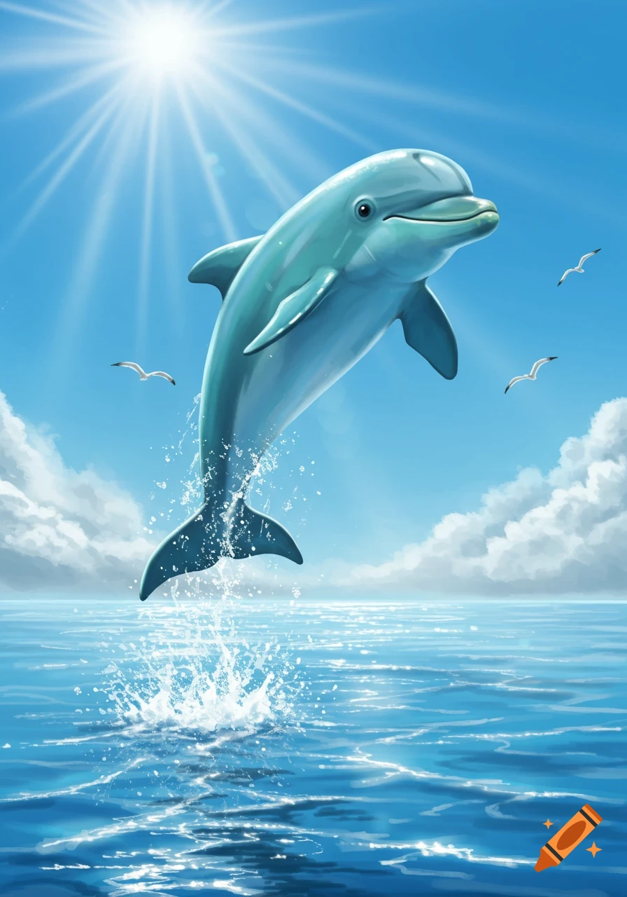 A teal dolphin leaps out of bright blue ocean water under a sunny sky with seagulls.