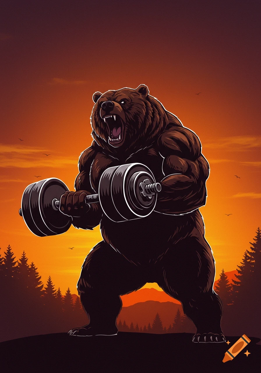 A muscular, growling bear with a dumbbell, silhouetted against an orange sunset sky with forest trees.