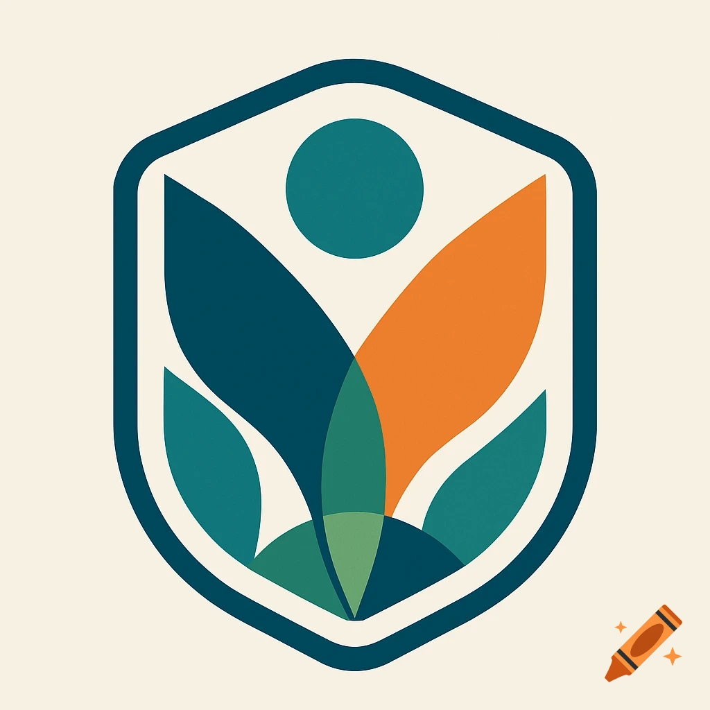 A stylized logo with abstract teal, orange, and green shapes inside a dark blue hexagonal border on a light background.