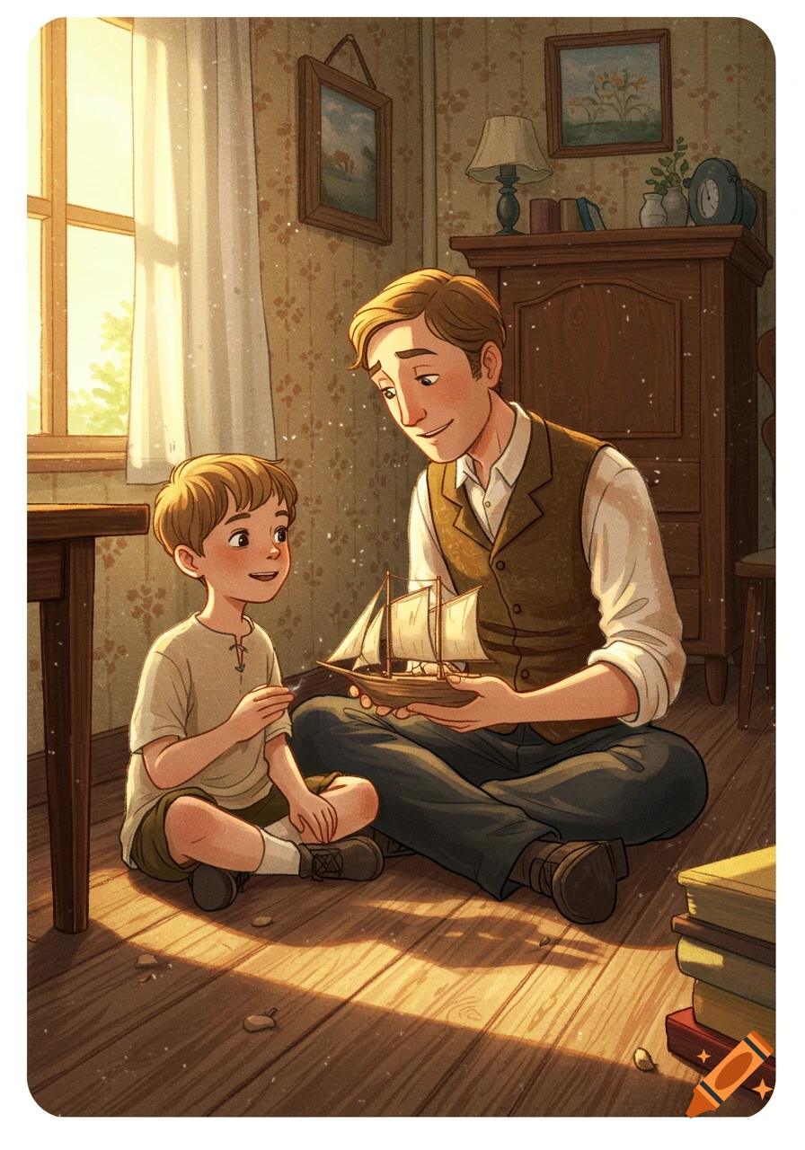 A father and son sit on a wooden floor in a sunlit room, the father admiring a small wooden boat held by the boy in a warm, children's book illustration style.