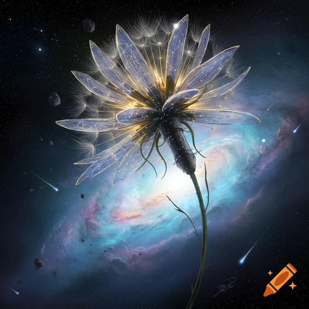 A glowing dandelion-like space station against a vibrant spiral galaxy and dark space with asteroids.
