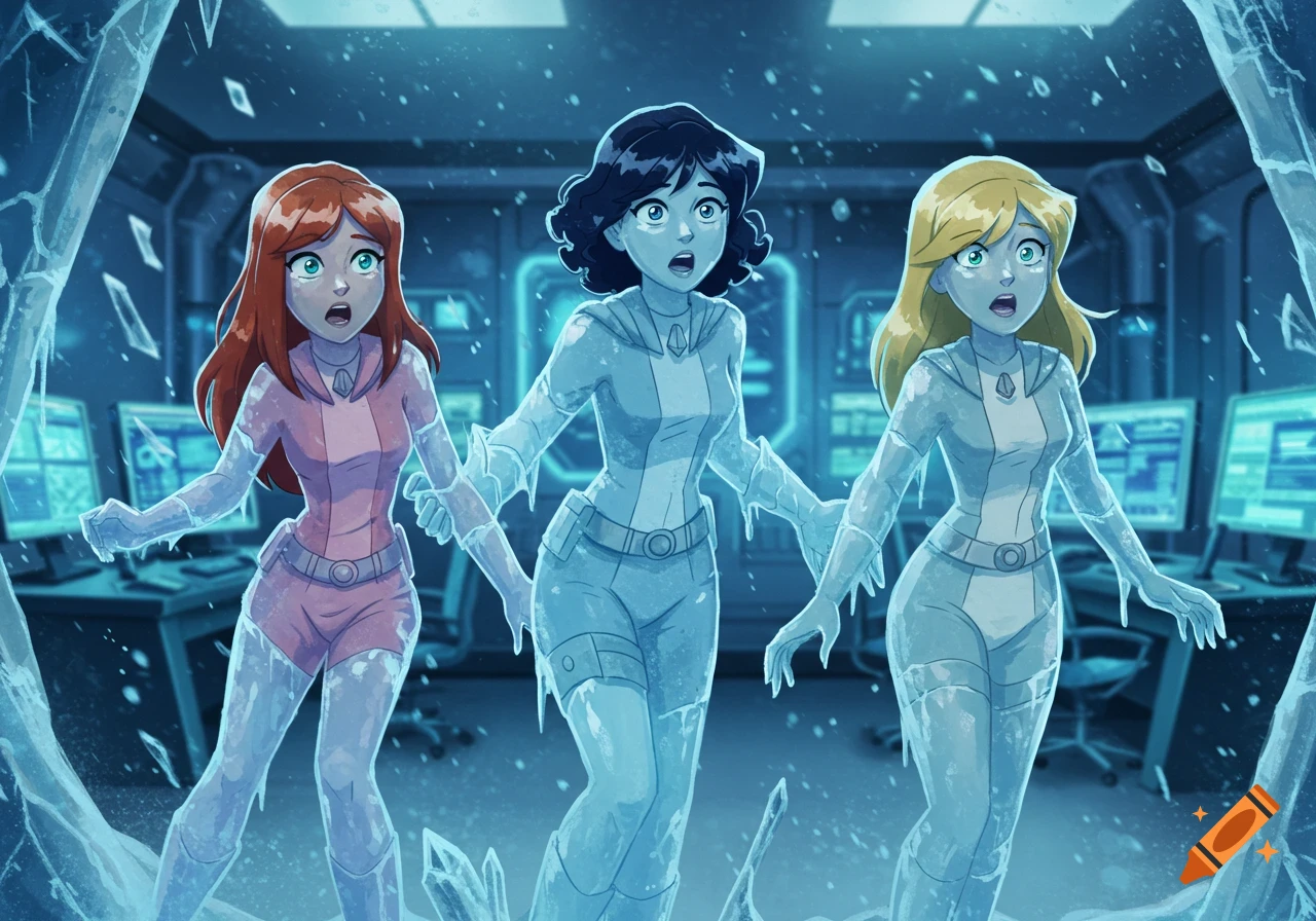 Three animated women, Sam, Alex, and Clover from Totally Spies, appear surprised and encased in ice within a sci-fi room.