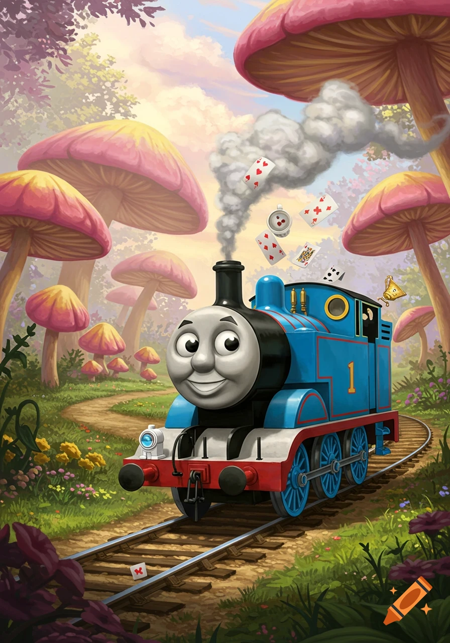 Thomas the Tank Engine on tracks in a whimsical forest with giant pink mushrooms, playing cards and a teacup float from his smoke.