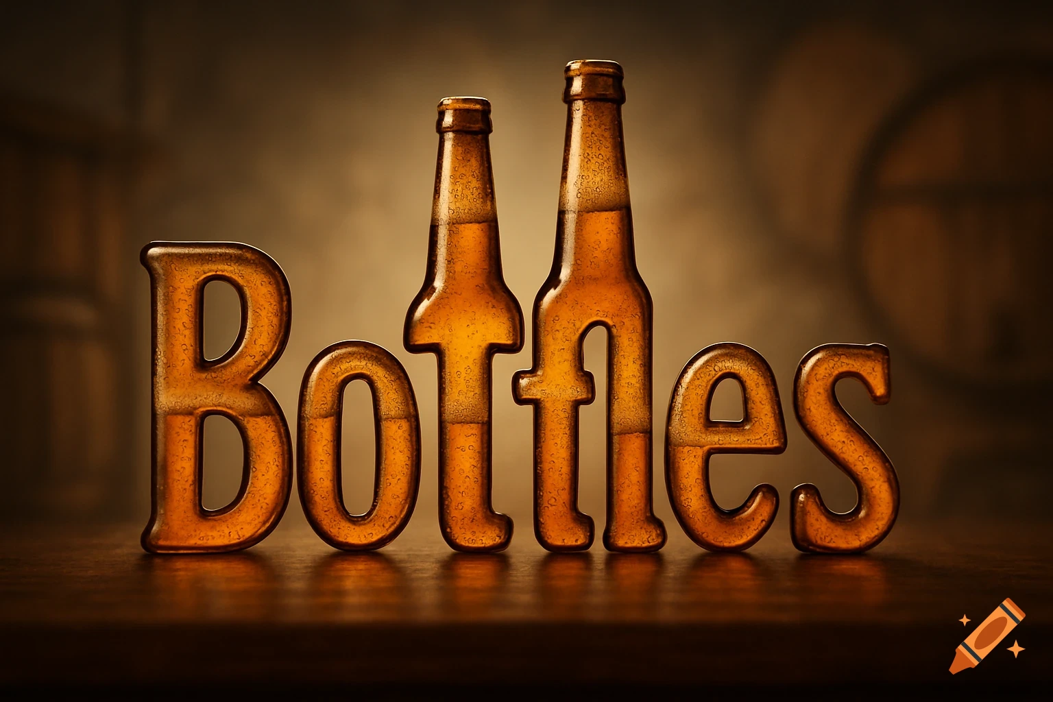 The word 'Bottles' rendered as amber beer bottles filled with foamy liquid, on a dark, blurry background.