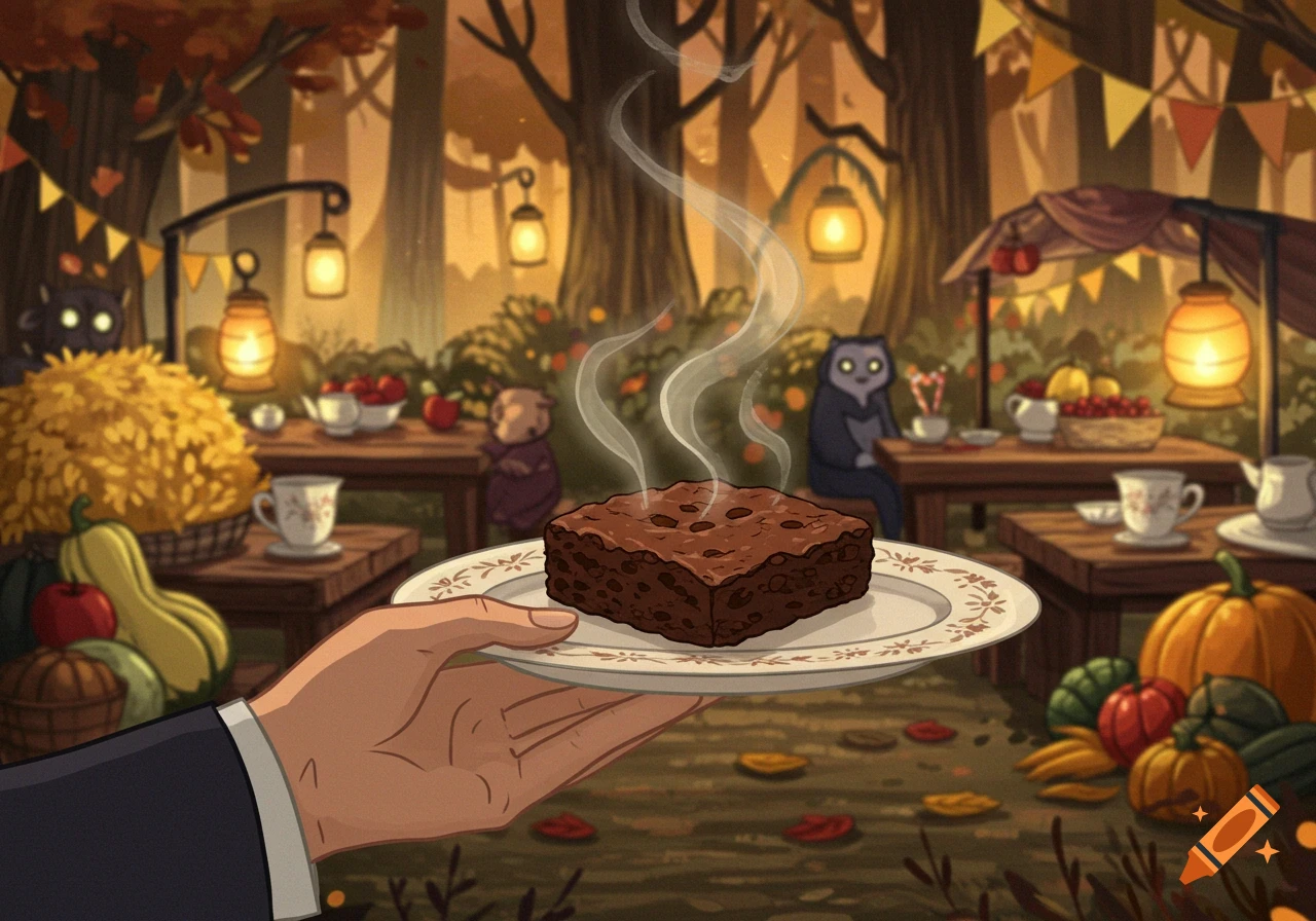 A hand holds a steaming brownie on a plate at a cozy autumn forest harvest festival with fantasy creatures.