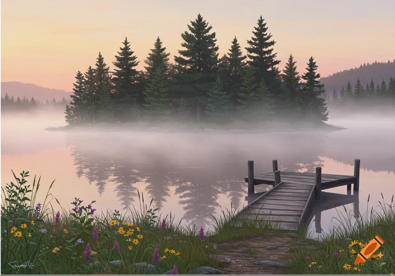 A serene landscape painting of a misty lake surrounded by pine trees, with a wooden dock and wildflowers in the foreground.