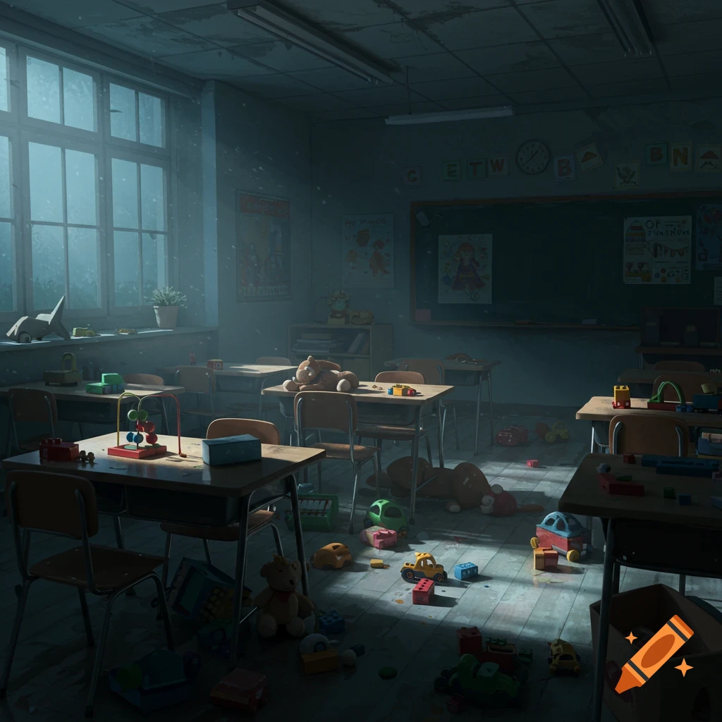 A dark, empty elementary school classroom at night, illuminated by moonlight through a large window. Toys are scattered on desks and the floor.