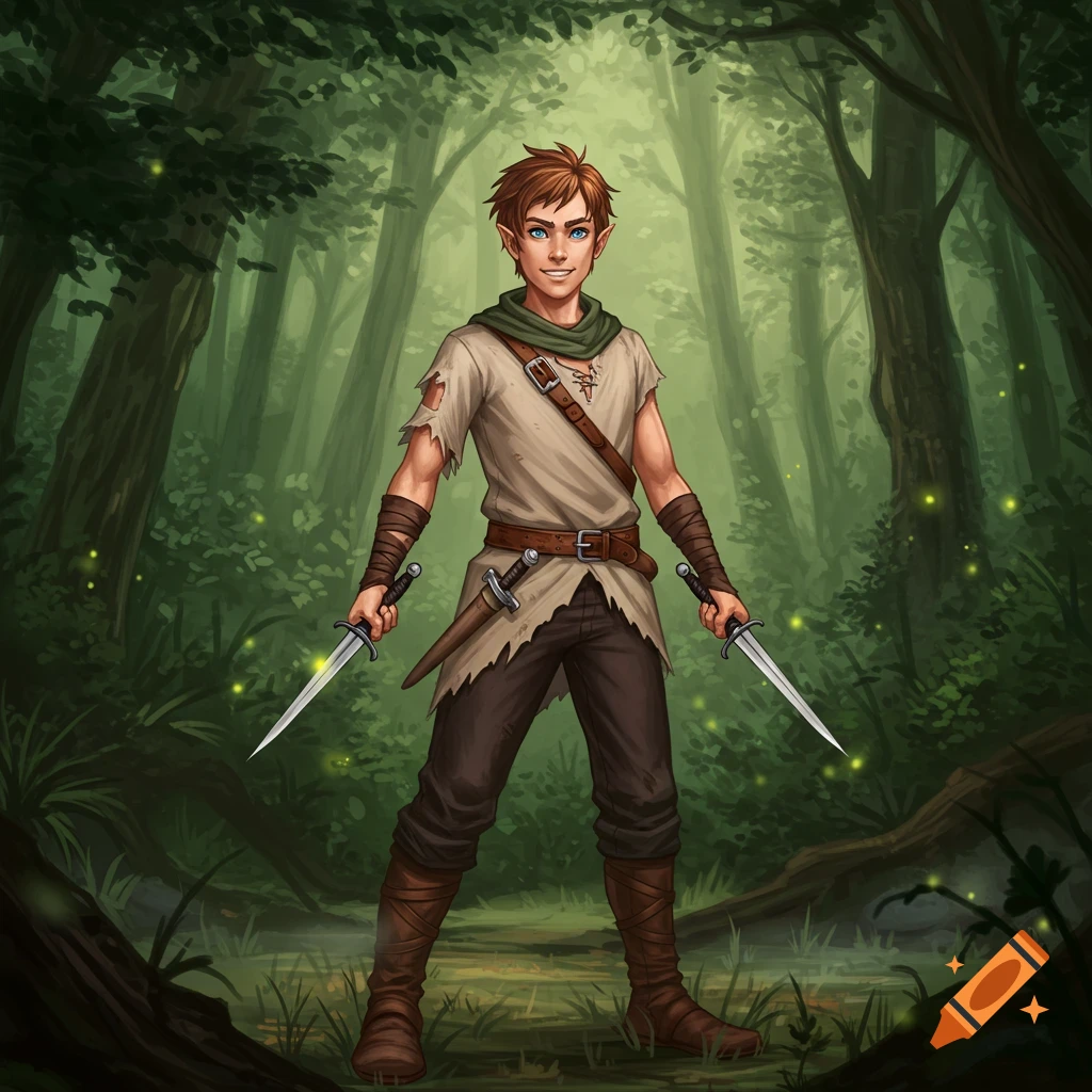 A D&D-style young man with blue eyes and quaffed hair, wearing a torn beige shirt, holding two daggers, standing in a forest.