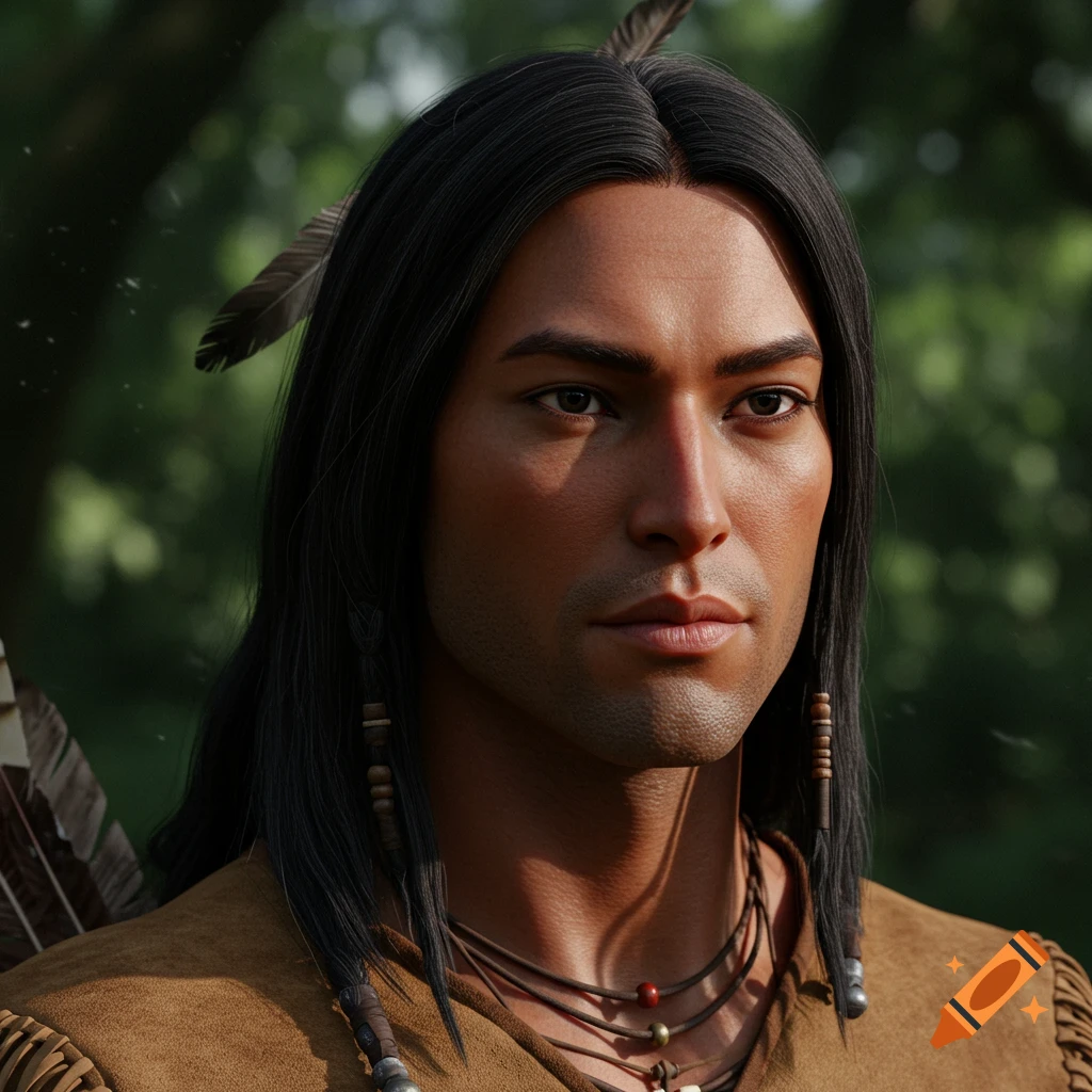 Photorealistic portrait of a man with long dark hair and a feather, wearing a brown traditional top, in an outdoor setting.