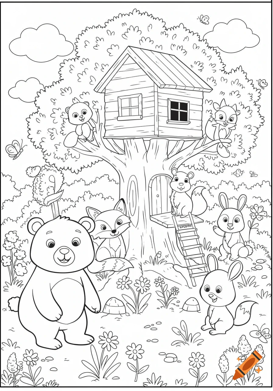 A black and white line art coloring page showing a bear, fox, squirrels, and rabbits playing around a treehouse in a forest.