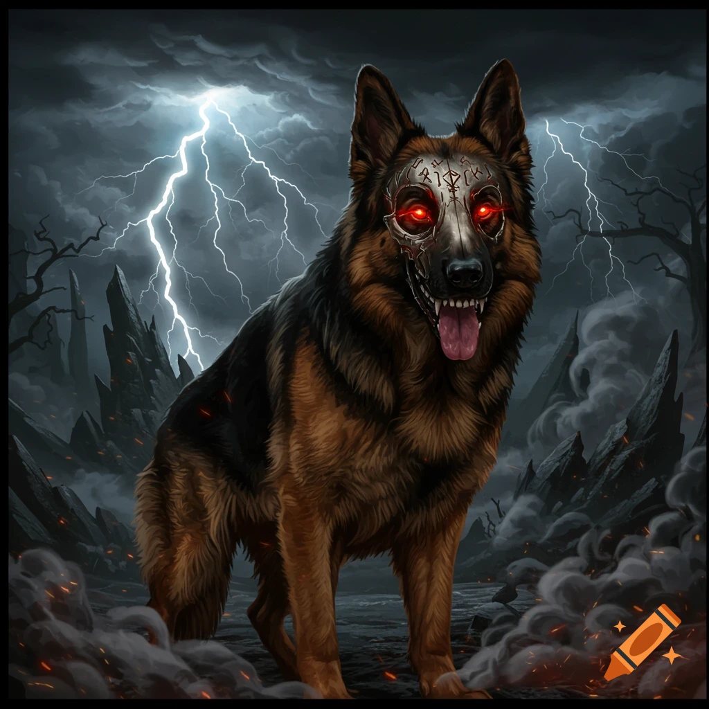 A menacing German Shepherd with a skull-like metallic mask and glowing red eyes stands under a stormy, lightning-filled sky in a dark, rocky landscape.
