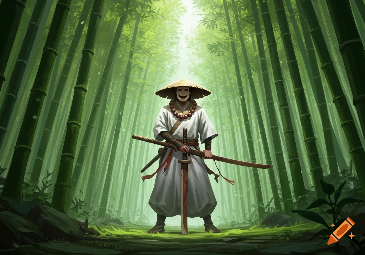 A warrior in white robes, a straw hat, and a smiling mask stands in a bamboo forest, holding a wooden katana.