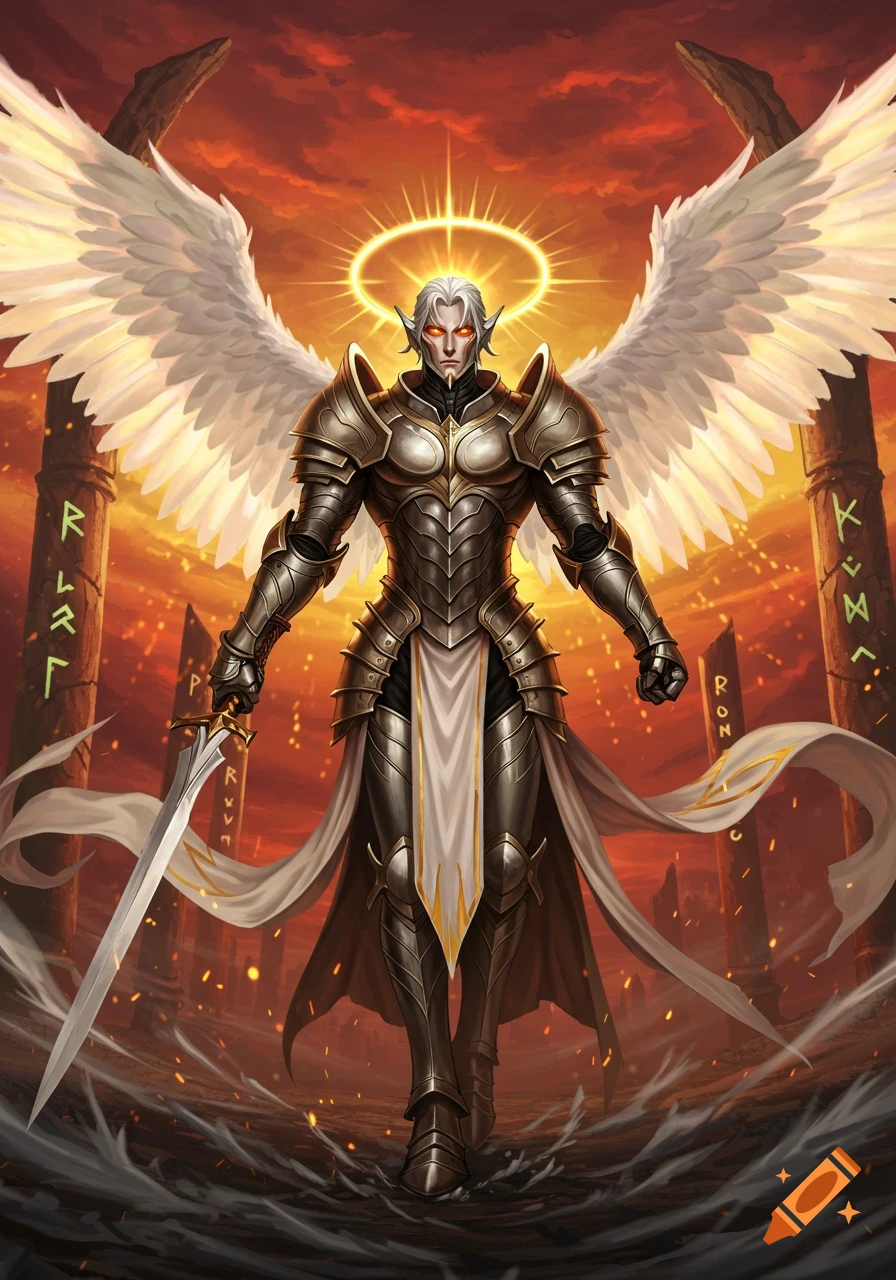 An angelic warrior in golden armor with large white wings, holding a sword, stands against a fiery orange sky.