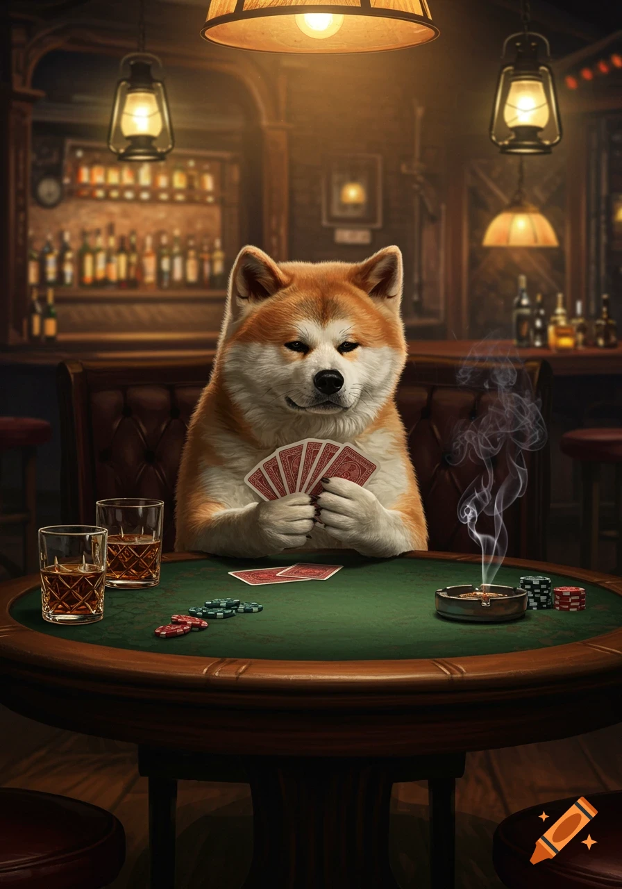 A thoughtful Akita Inu dog playing poker, holding a hand of cards, at a table in a dimly lit bar with glasses of amber liquid.