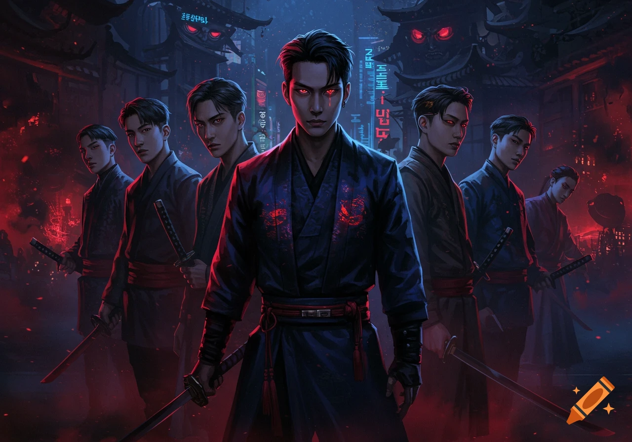 A group of young men with glowing red eyes and katanas stand in a dark, atmospheric cyberpunk cityscape under red neon lights.