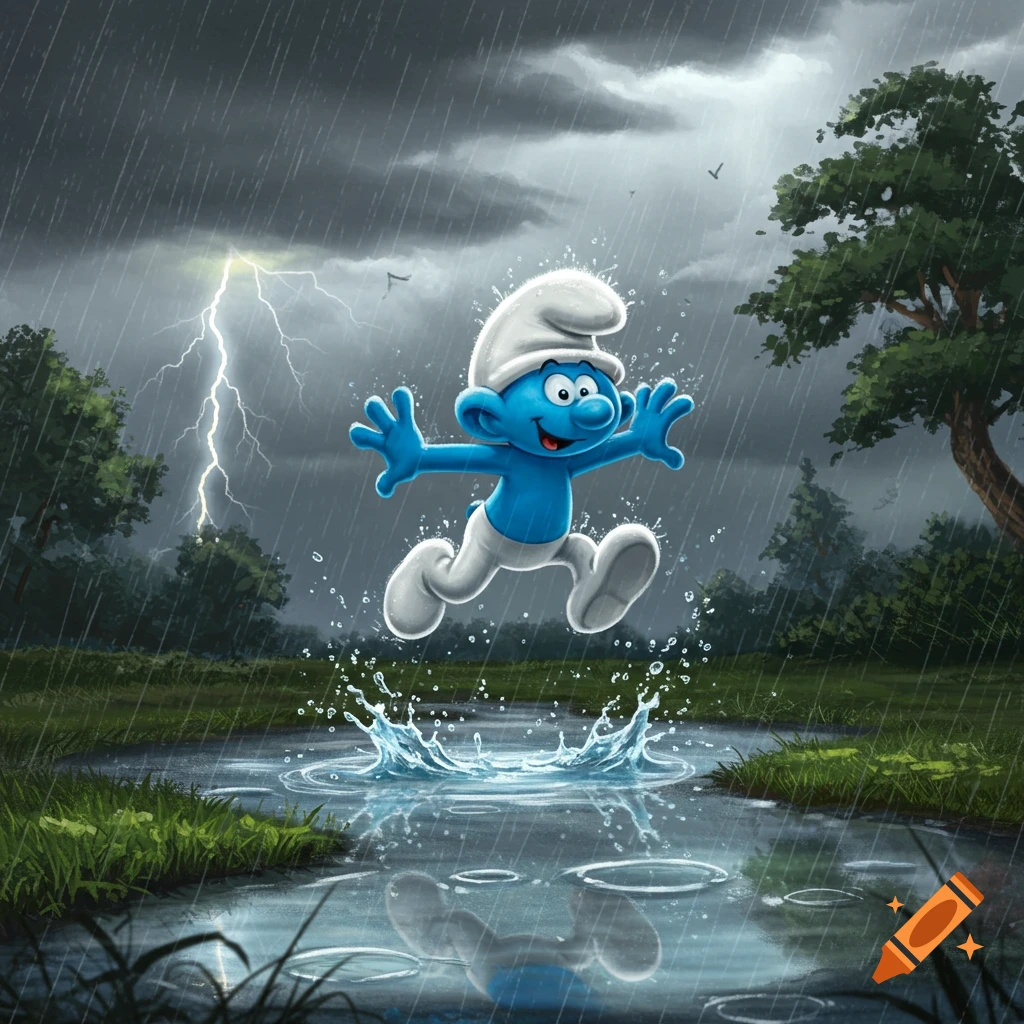 A happy Smurf jumps high over a puddle, splashing water during a rainy thunderstorm.