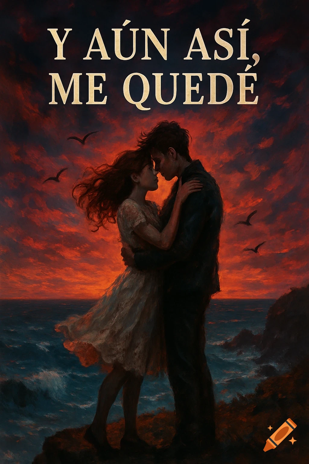 Painterly illustration of a couple embracing on a cliff at dramatic red sunset over ocean. Text "Y A N AS , ME QUED " at top.