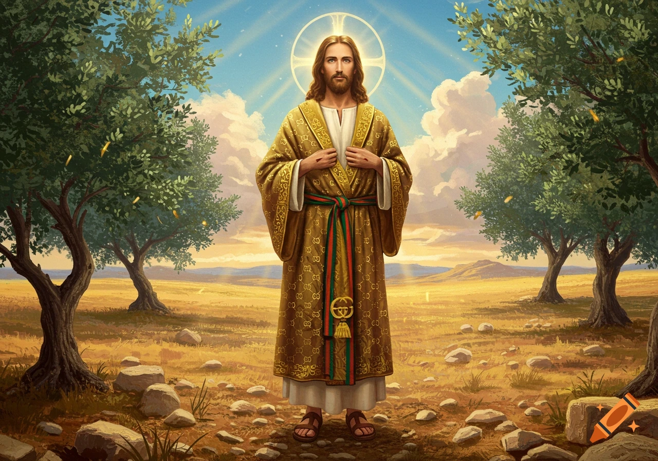 Jesus Christ stands in a desert landscape, wearing a gold robe with a Gucci-like monogram pattern and a red and green sash, under a glowing halo.
