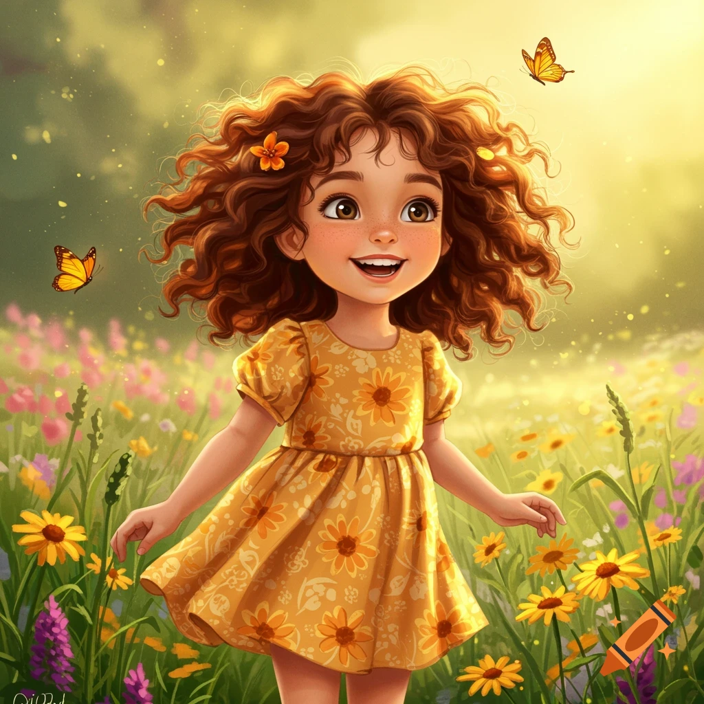 A cute, smiling cartoon girl with curly brown hair and a yellow floral dress stands in a vibrant field of colorful flowers with butterflies.