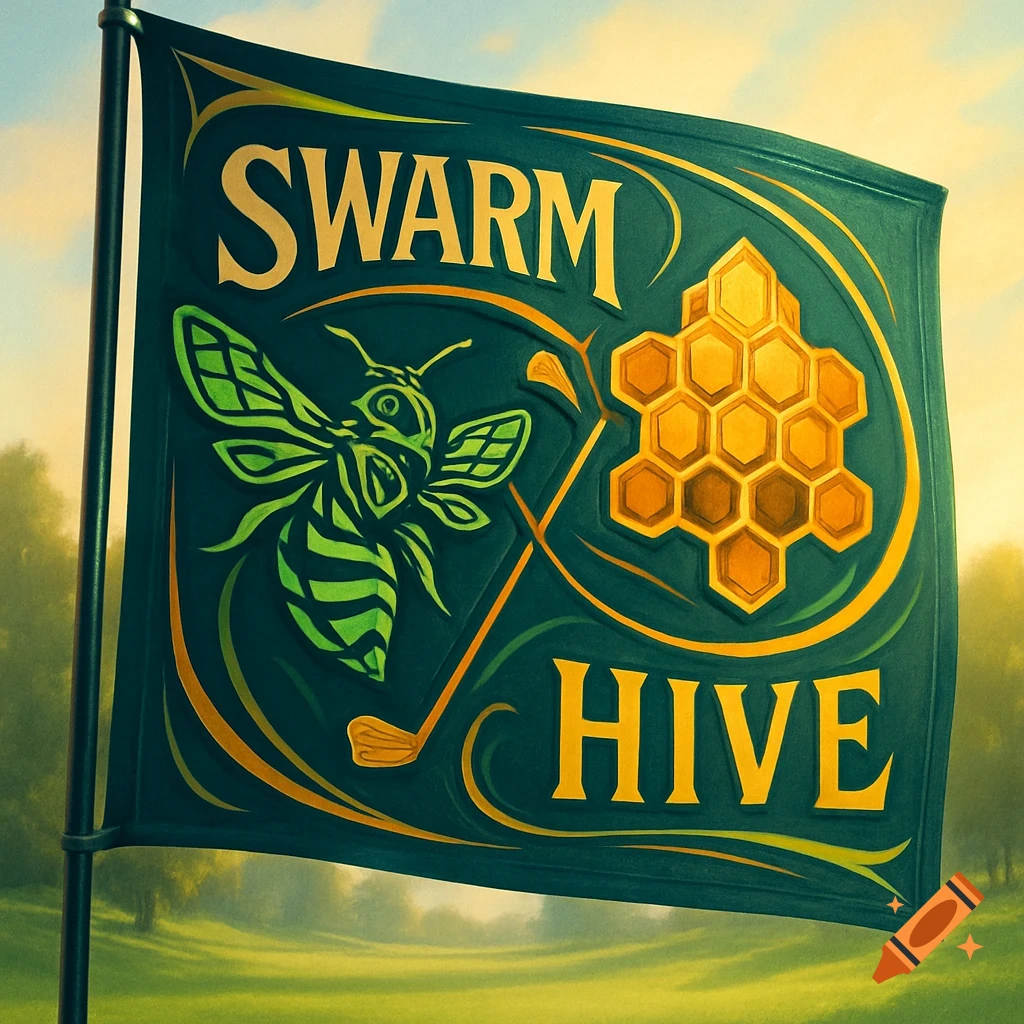 A green golf flag on a course, featuring a bee, a honeycomb, and the words 'SWARM' and 'HIVE'.