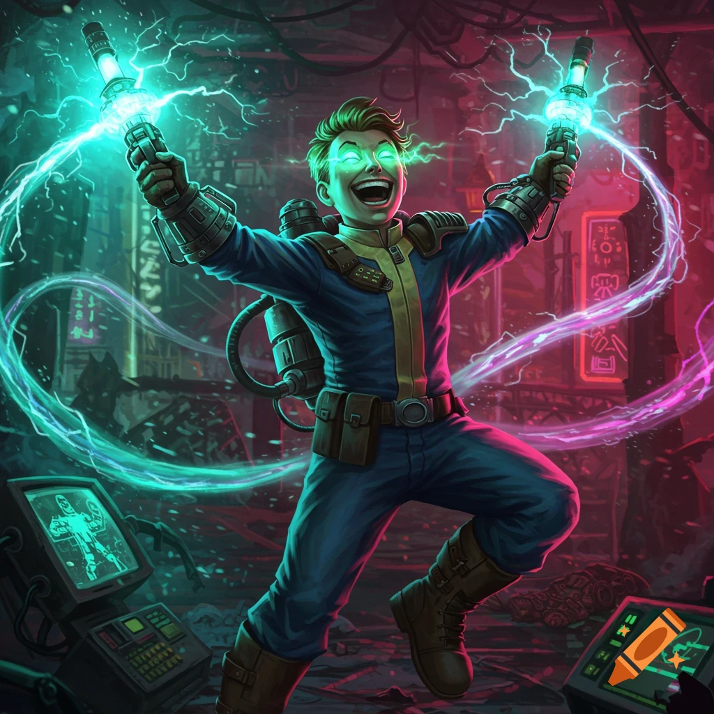 Vault Boy holding two glowing plasma weapons with electrical energy in a vibrant, neon-lit futuristic setting.
