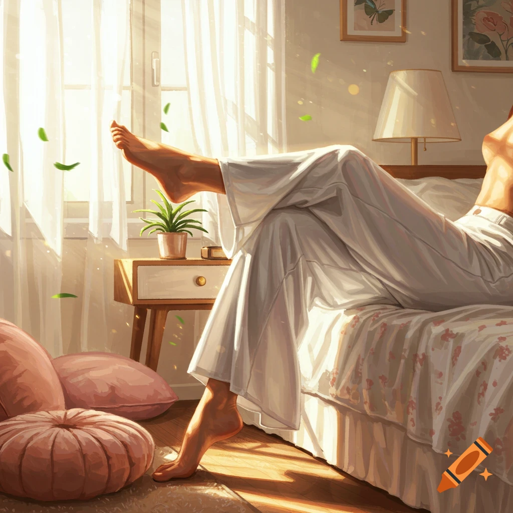 Woman in white wide-leg pants relaxing on a bed with feet stretched out in a sunlit bedroom.