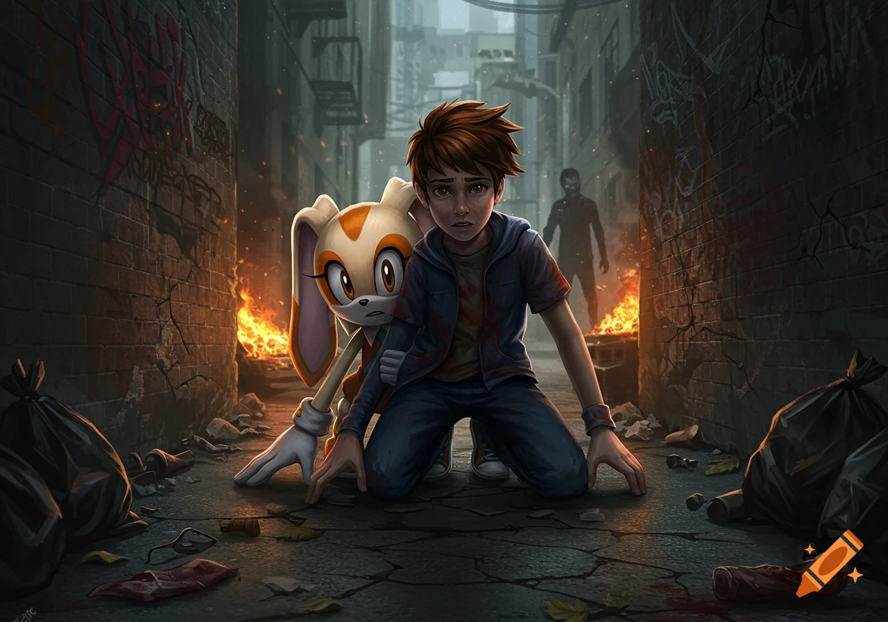 A boy and Cream the Rabbit crouch in a dark alley with fires, hiding from a silhouetted zombie in a detailed illustration.