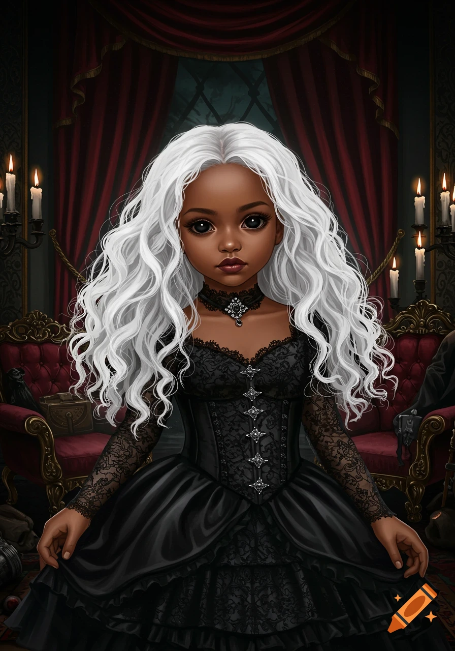 A doll-like girl with dark skin, long white hair, and large black eyes in a black gothic dress, standing in a dark, opulent room with red curtains.