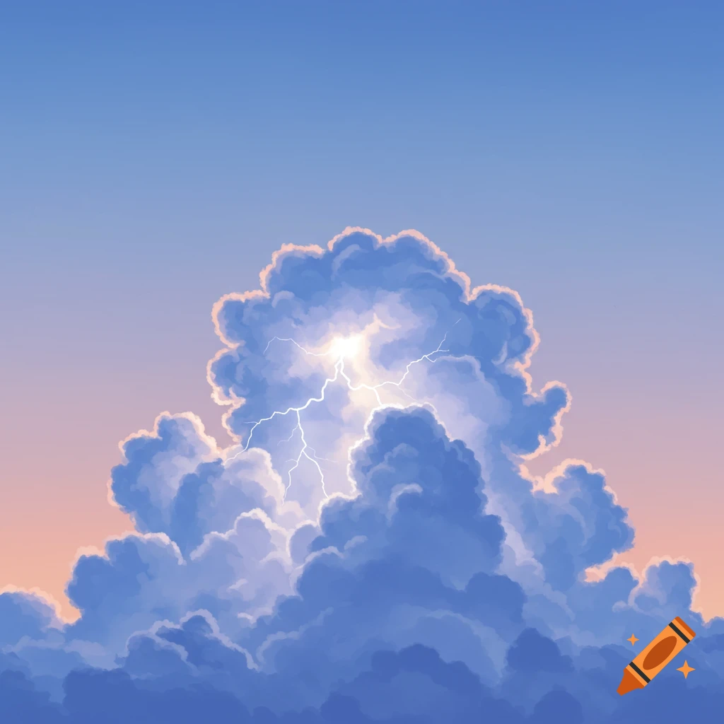 A puffy blue cloud with a bright lightning bolt striking through its center against a pale blue and orange sky.