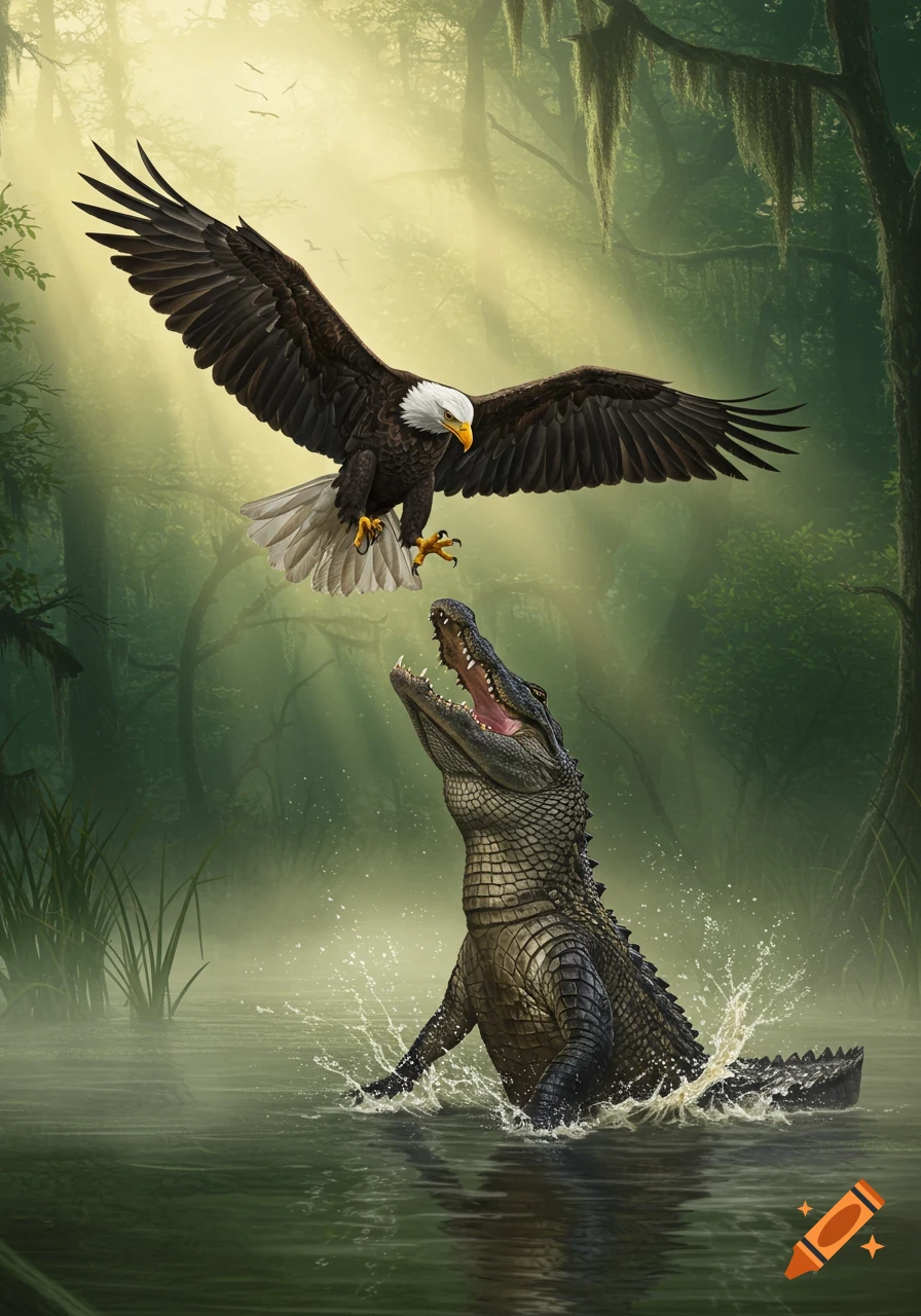 A bald eagle with spread wings descends towards an alligator leaping out of misty swamp water.
