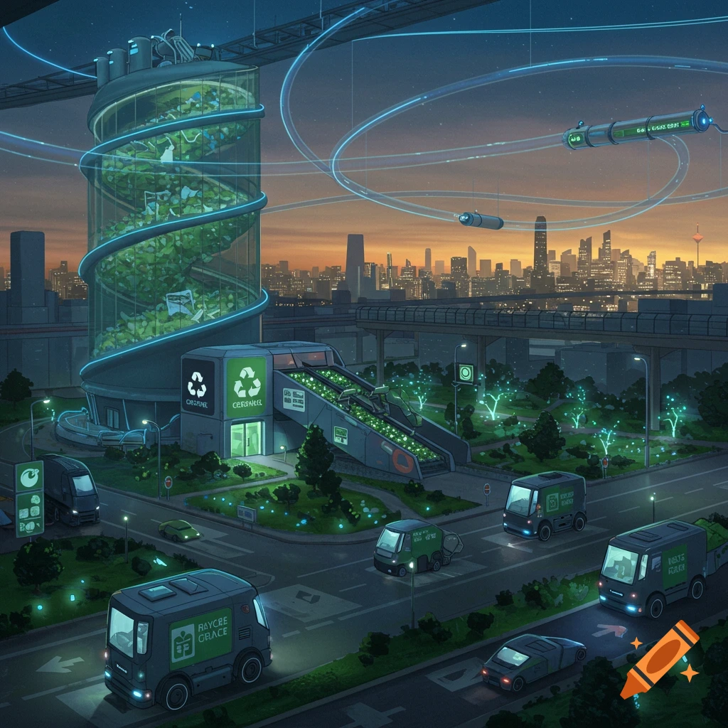 A vibrant futuristic cityscape at dusk, featuring a large, glowing spiraling recycling tower and green waste management trucks on a street below.
