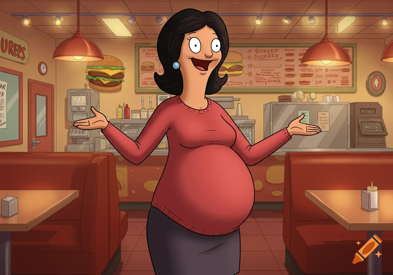 Cartoon of a nine months pregnant Linda Belcher from Bob's Burgers standing in a diner.