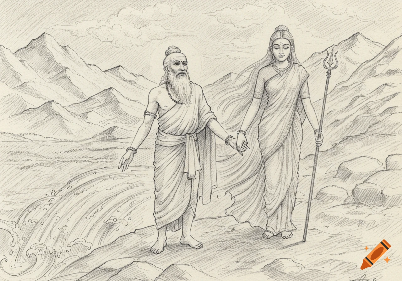 Pencil sketch of a bearded man leading a woman with a trident through a mountainous landscape with a flowing river.